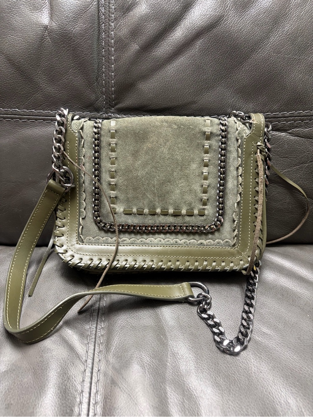 Olive Green Suede & Leather Chain-Accent Crossbody Bag